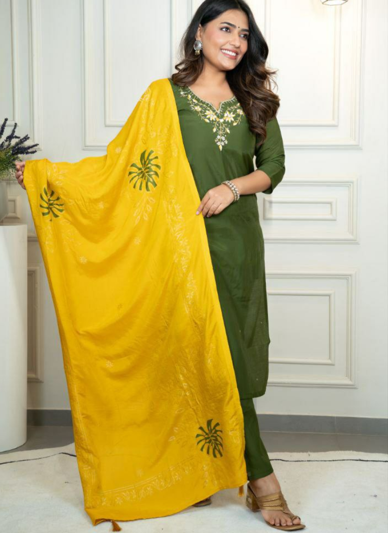 Mahendi Roman Silk Punjabi Suit with Handwork & Jacquard Dupatta