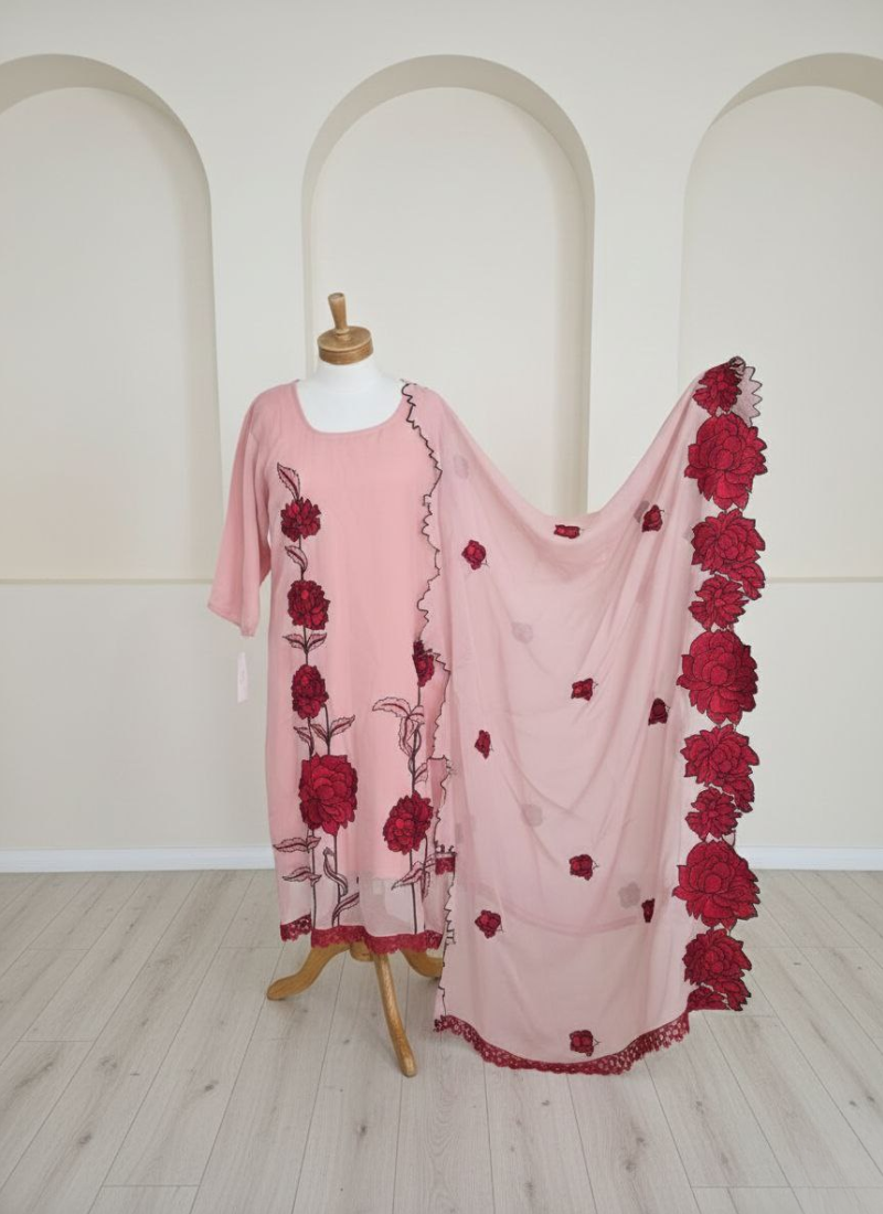 Pink Silk Organza Salwar Kameez with Floral Embroidery Dupatta