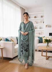 Pest Color Maslin Salwar Suit with Black Thread Embroidery 9