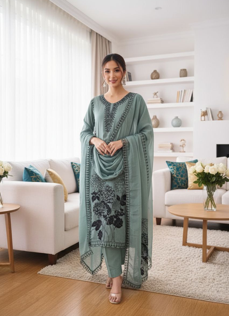 Pest Color Maslin Salwar Suit with Black Thread Embroidery