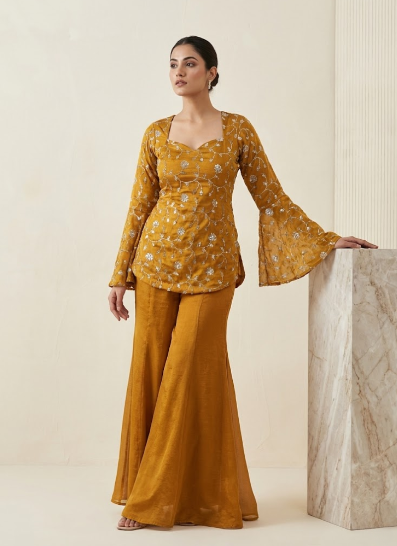 NC Moss Sharara Suit with Sequins Embroidery (Kurti + Palazzo)