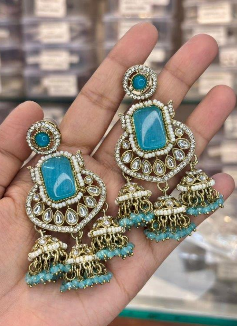 Sky Blue Kundan Earrings with Jhumki - View 3