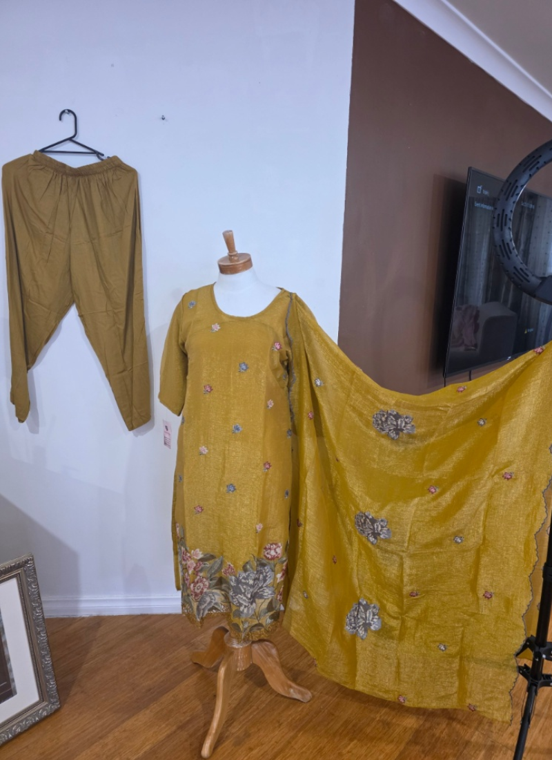 Crepe Silk Salwar Suit – Gold Yellow with Floral Embroidery