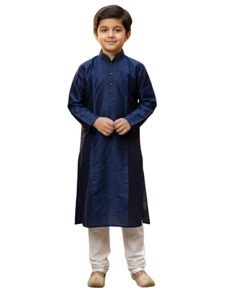 Kids Navy Blue Raw Silk Kurta with White Cotton Pyjama