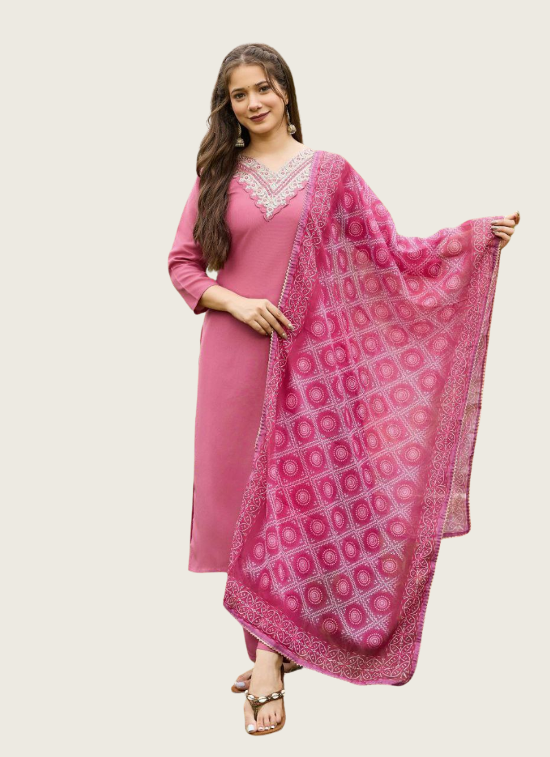 Rayon Embroidered Punjabi Suit Set with Pant & Taby Dupatta