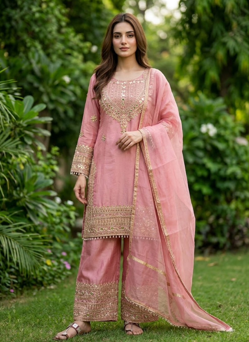 Women’s Fendy Silk Embroidered Sharara Kurta Dupatta Set Australia