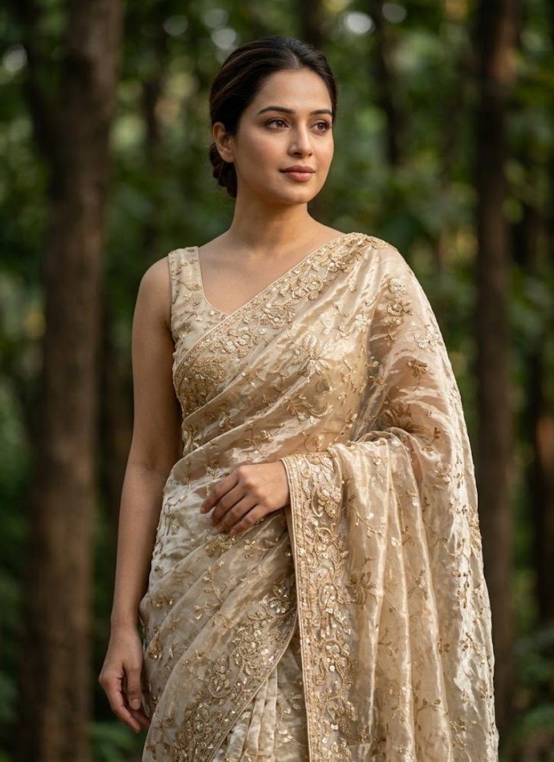 Space Silk Saree – Sequin & Zari Embroidery with Matching Blouse