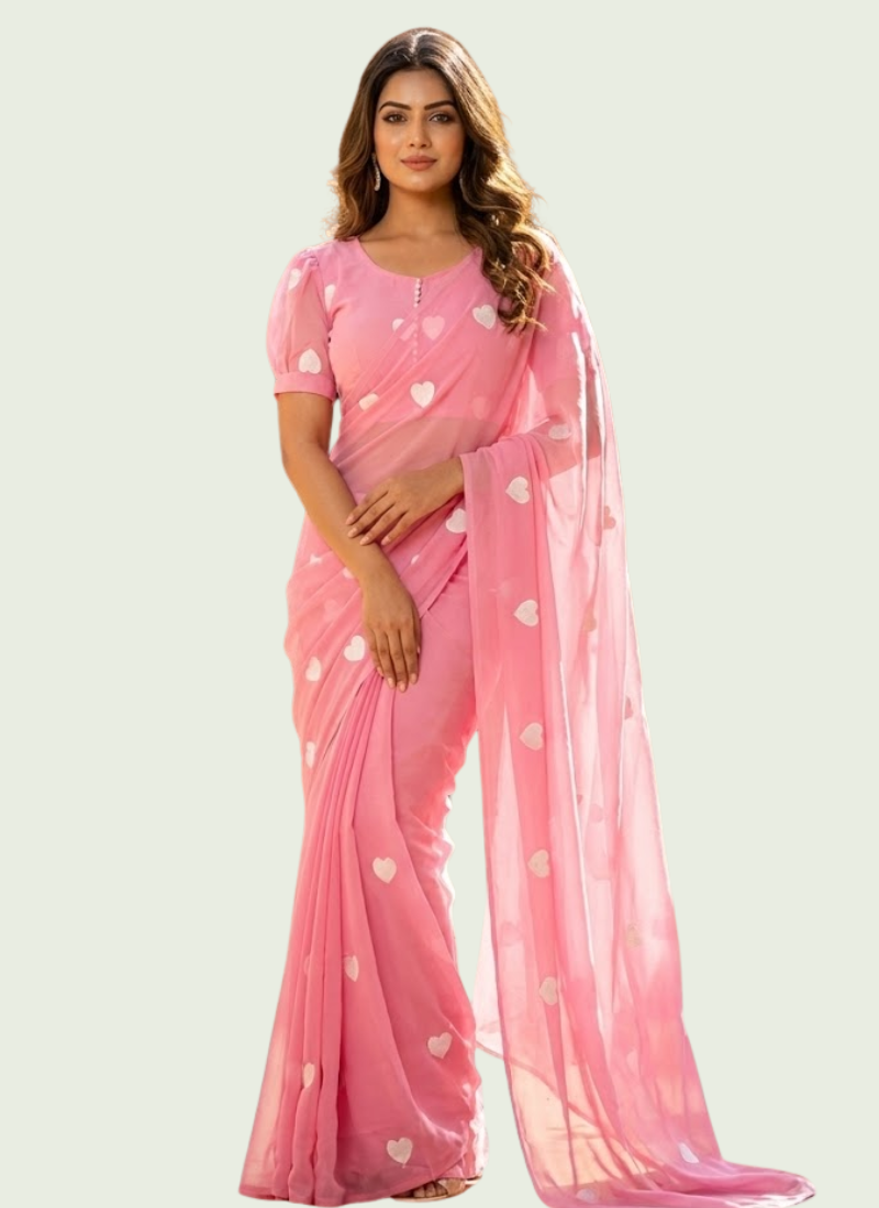 Pink Georgette Saree with Heart Embroidery & Stitched Blouse
