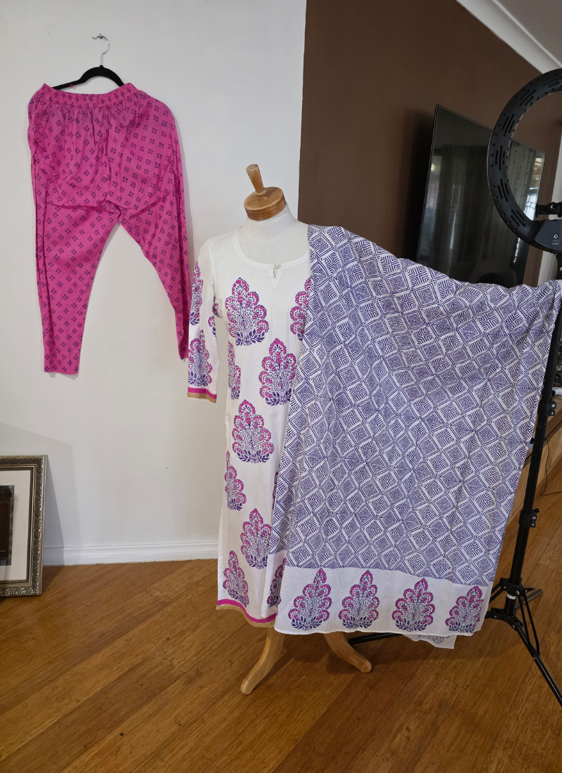 Cotton Block Printed Salwar Suit – White, Blue & Pink