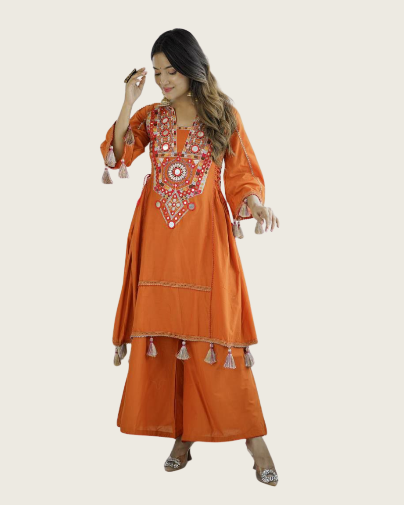 Designer Khadi Cotton Co-ord Set – Embroidery & Mirror Work