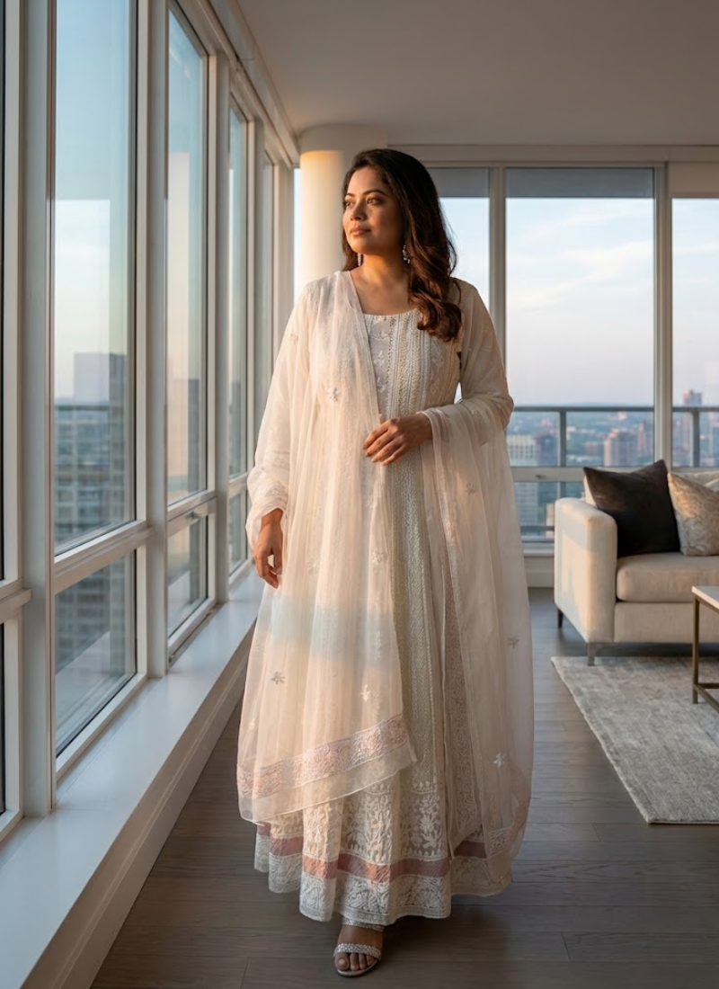 White Handmade Lucknowi Anarkali in Maslin Organza