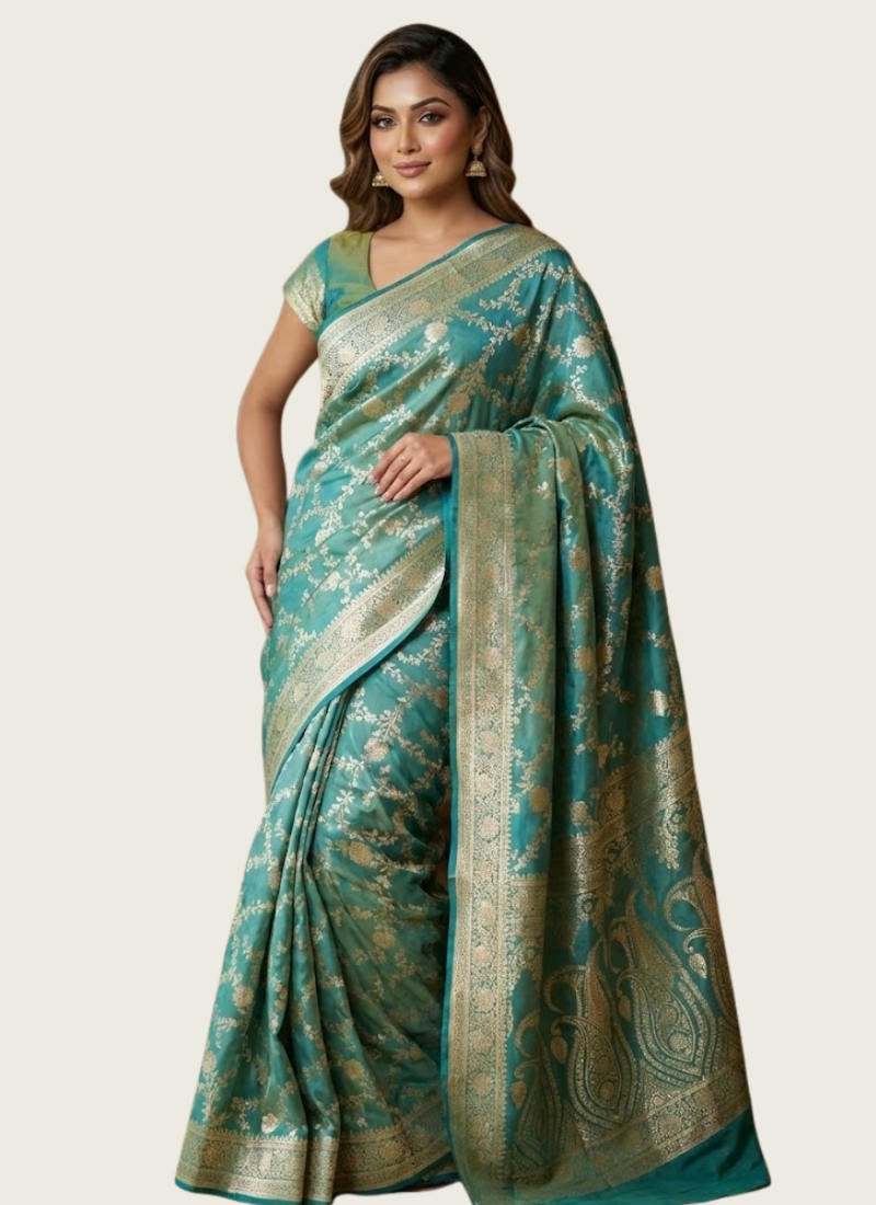 Dual Shaded Green & Gold Katan Silk Saree with Blouse