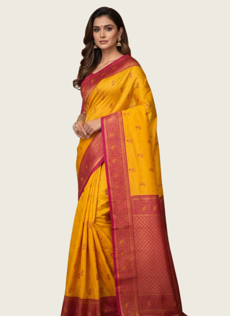 Bright Yellow Katan Silk Saree – Mina Work | gleemiumfashion online store