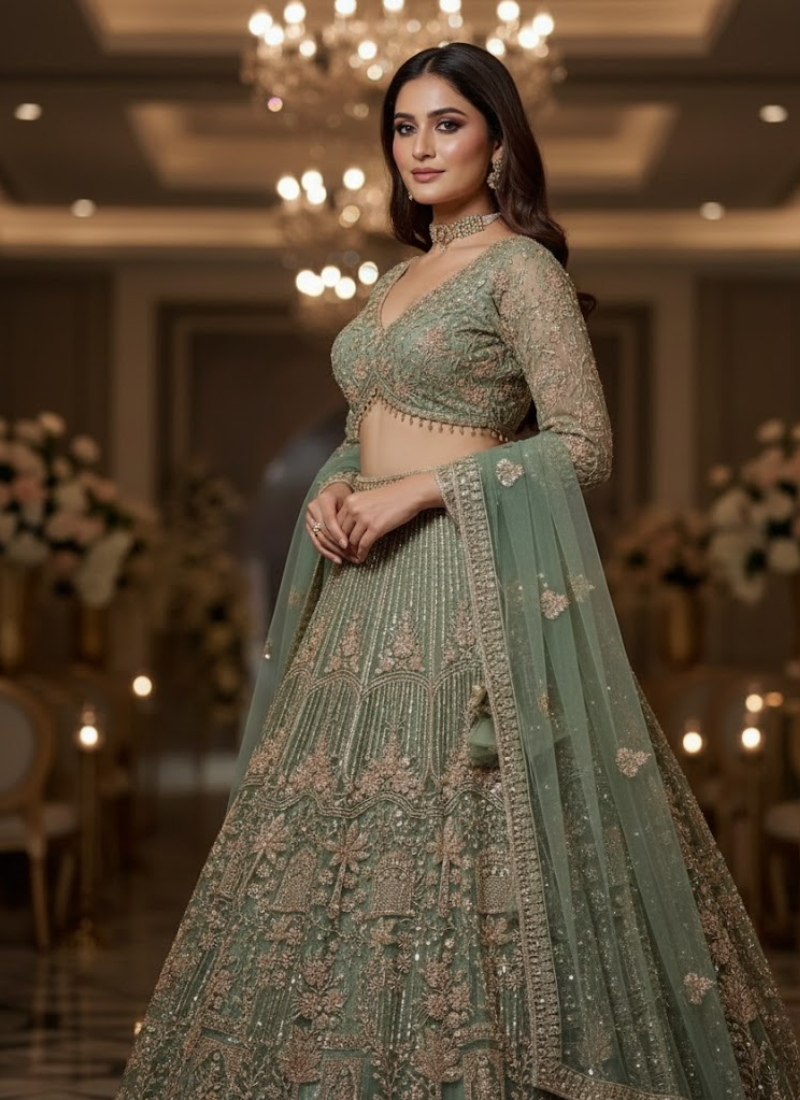 Premium Net Lehenga with Sequins Coding Work & Dupatta – Semi Stitched