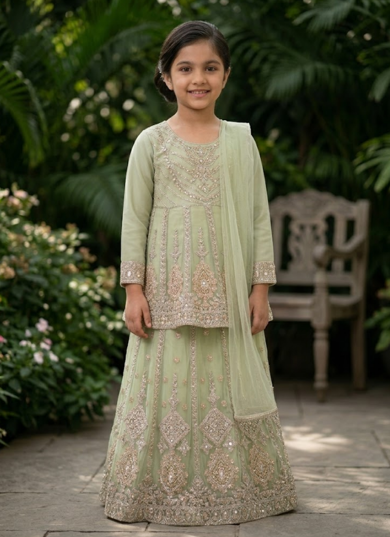 Baby Girl’s Net Lehenga – Embroidery Wor, Indian festive clothing for girls Australia