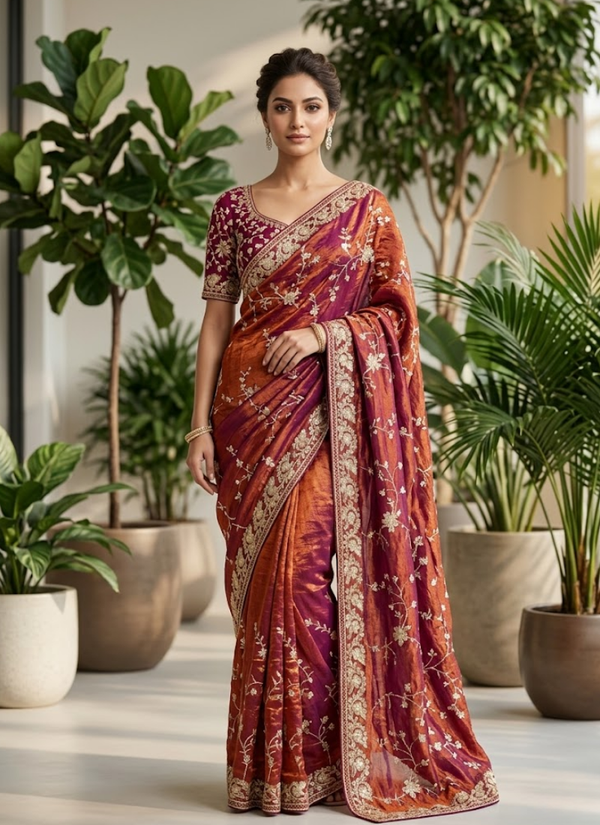 Space Silk Saree – Sequin & Zari Embroidery with Matching Blouse, Indian sarees online Australia