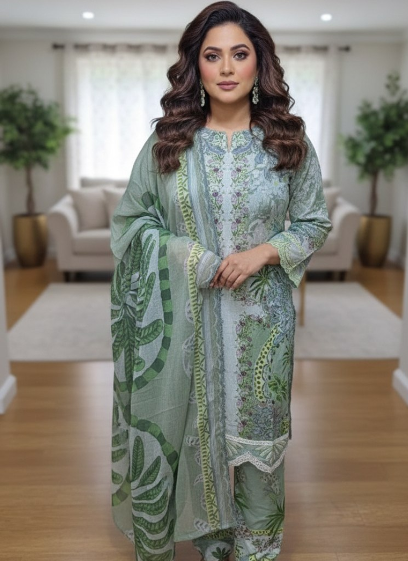Elegant Pakistani salwar kameez in lawn cotton with chiffon dupatta and lace work on sleeves.