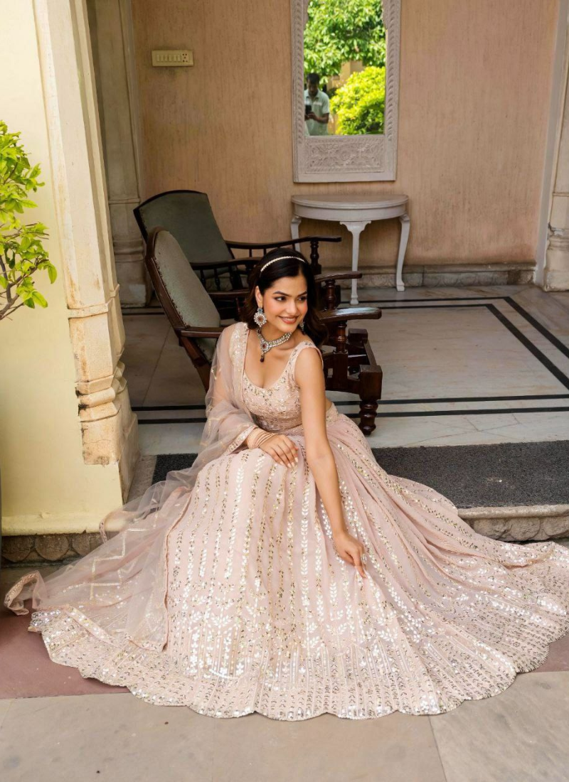 Faux Georgette Bridesmaid Lehenga Choli with Zari & Sequins Embroidery + Net Dupatta