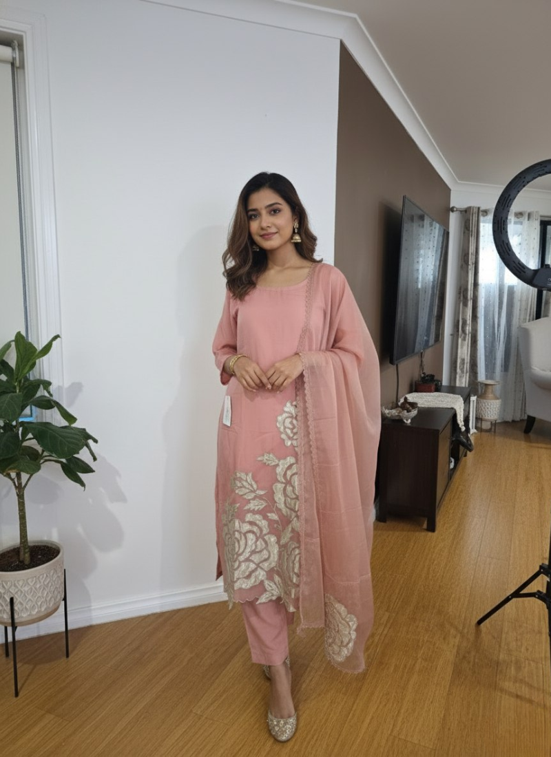 Peach Pink Silk Organza Salwar Kameez with Cut Work Dupatta