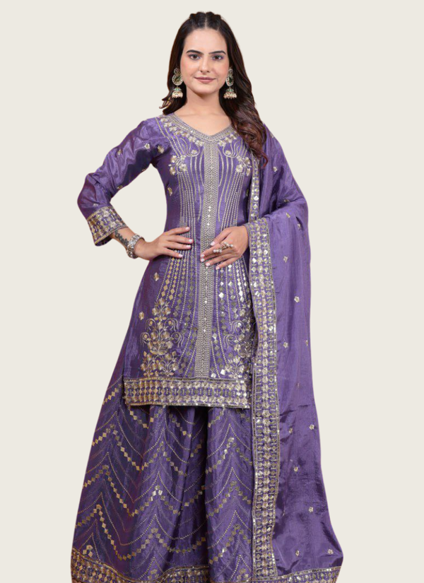Sharara Suit in Chinon with Sequins Embroidery Work + Dupatta Australia