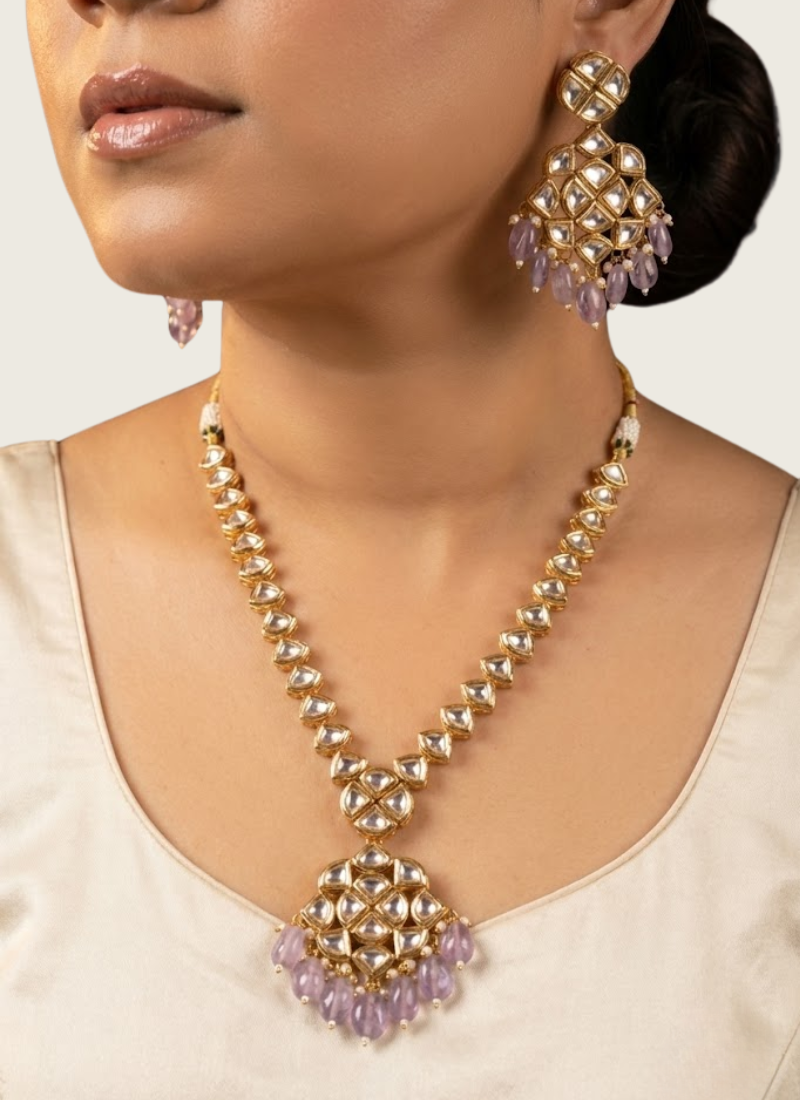 Kundan Necklace Set with Earrings – Purple Beads