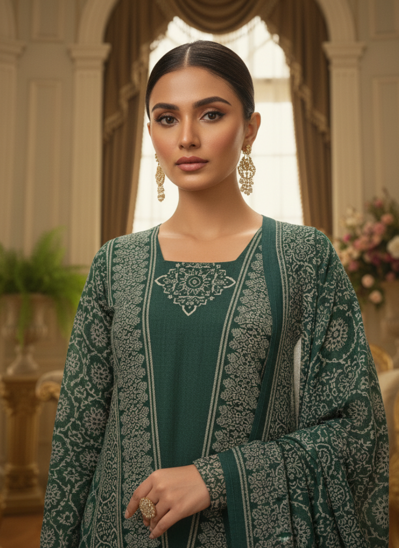Green Ajrak Salwar Kameez – Pure Modal Fabric with Jari Border Dupatta