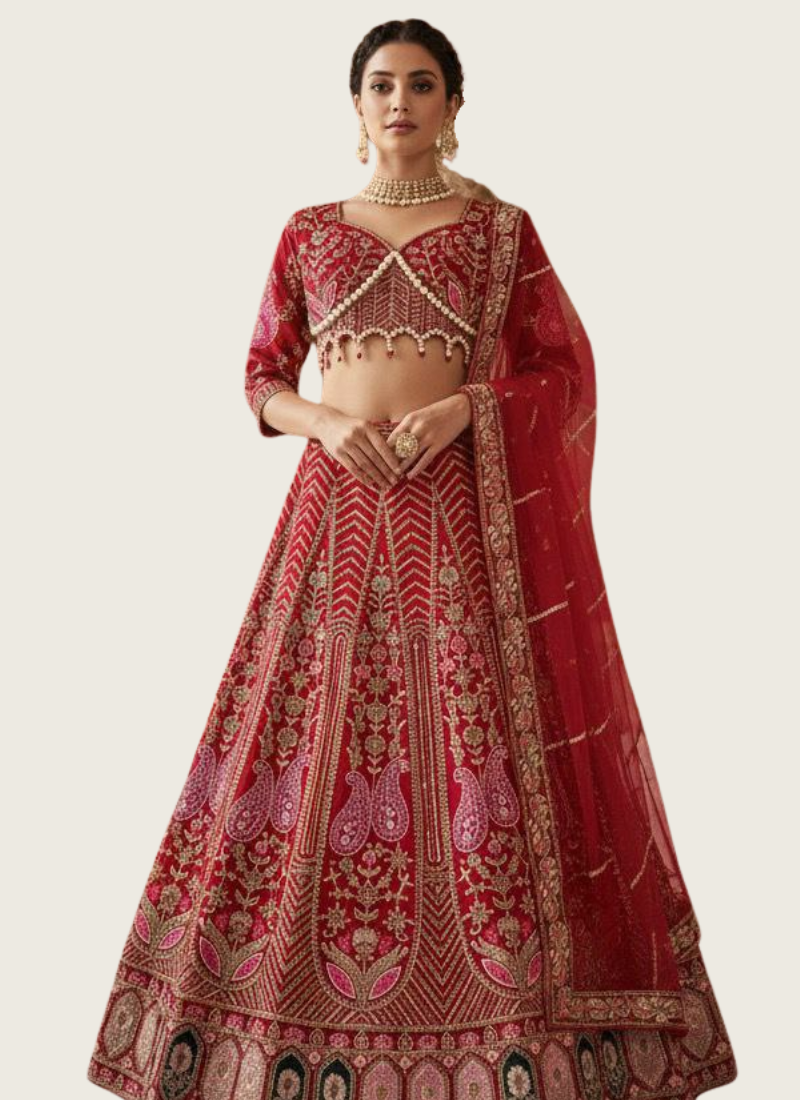 Red Kasturi Silk Bridal Lehenga Choli with Heavy Sequins & Pearl Embroidery + Net Dupatta