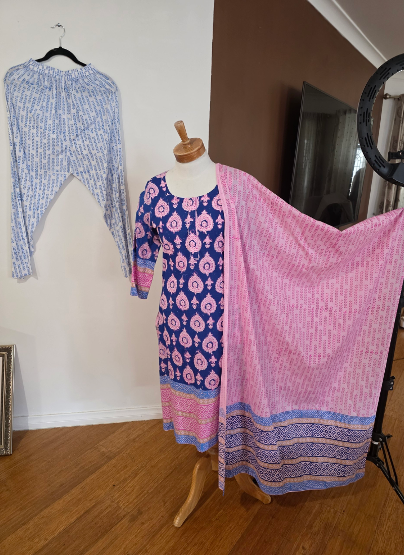 Cotton Block Printed Salwar Suit – Royal Blue & Pink