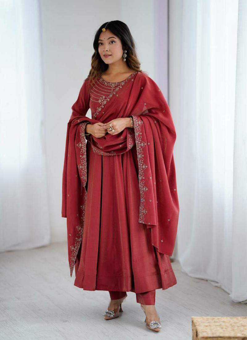Roman Shimmer Chanderi Silk Anarkali Suit with Beads Work & Dupatta