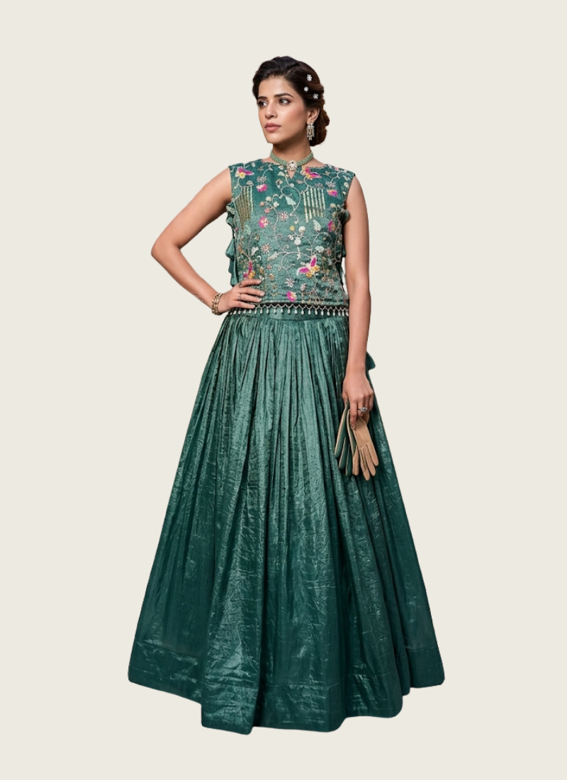 Gold Crush Lehenga Choli with Embroidered Shrug