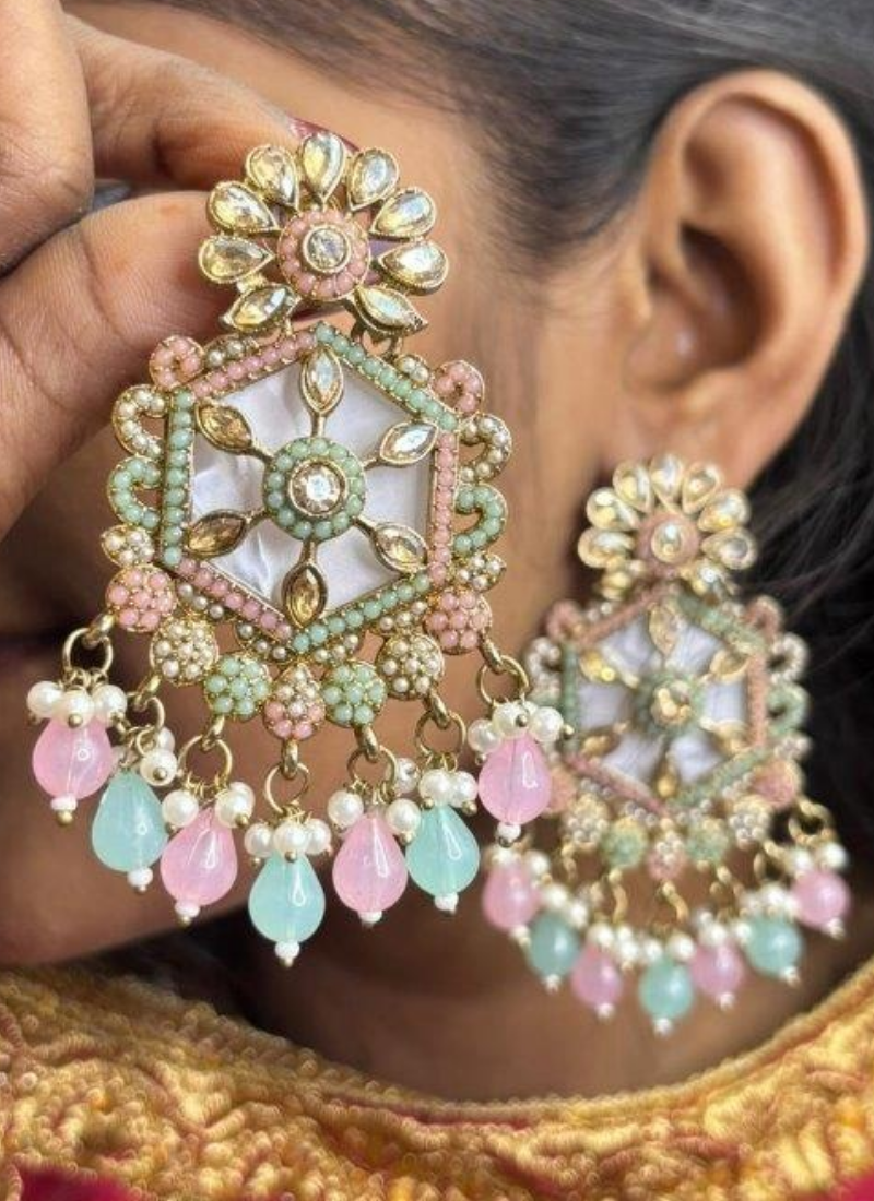 Sea Green with Baby Pink Kundan Earrings - View 4