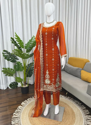 Punjabi Suit in Fendy Silk with Thread & Sequins Embroidery + Cutwork Dupatta 5