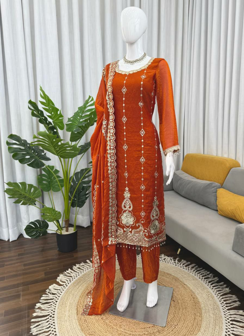 Punjabi Suit in Fendy Silk with Thread & Sequins Embroidery + Cutwork Dupatta