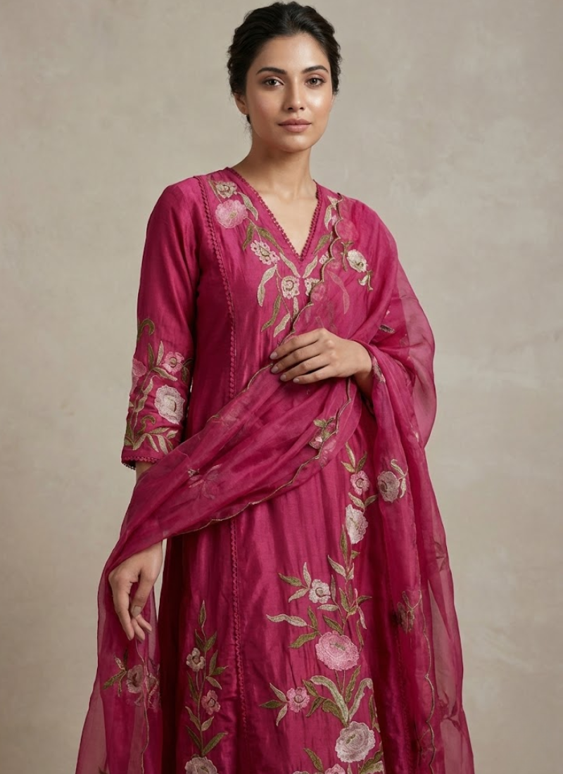 Pink Anarkali Suit in Pure Chanderi Silk with Embroidery + Organza Dupatta