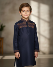 Kids Navy Blue Linen Kurta with Embroidery & White Cotton Pyjama 7