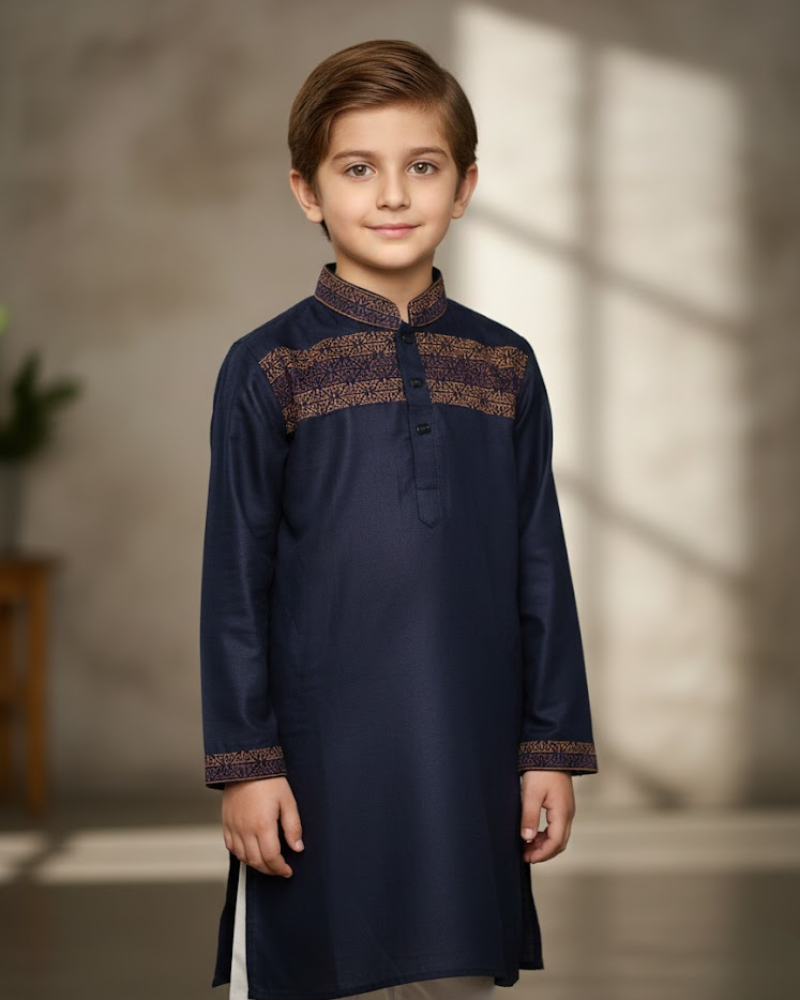 Kids Navy Blue Linen Kurta with Embroidery & White Cotton Pyjama