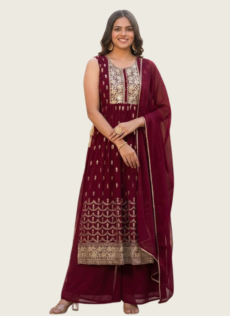 Georgette Sharara/Gharara Salwar Suit - Embroidery & Dupatta