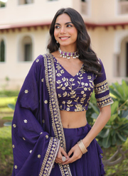 Royal Purple Vichitra Silk Lehenga Choli with Heavy Sequins & Zari Embroidery + Dupatta 3