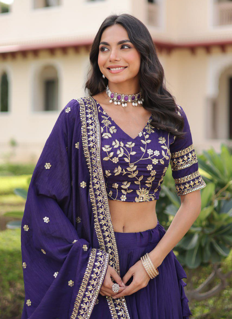 Royal Purple Vichitra Silk Lehenga Choli with Heavy Sequins & Zari Embroidery + Dupatta
