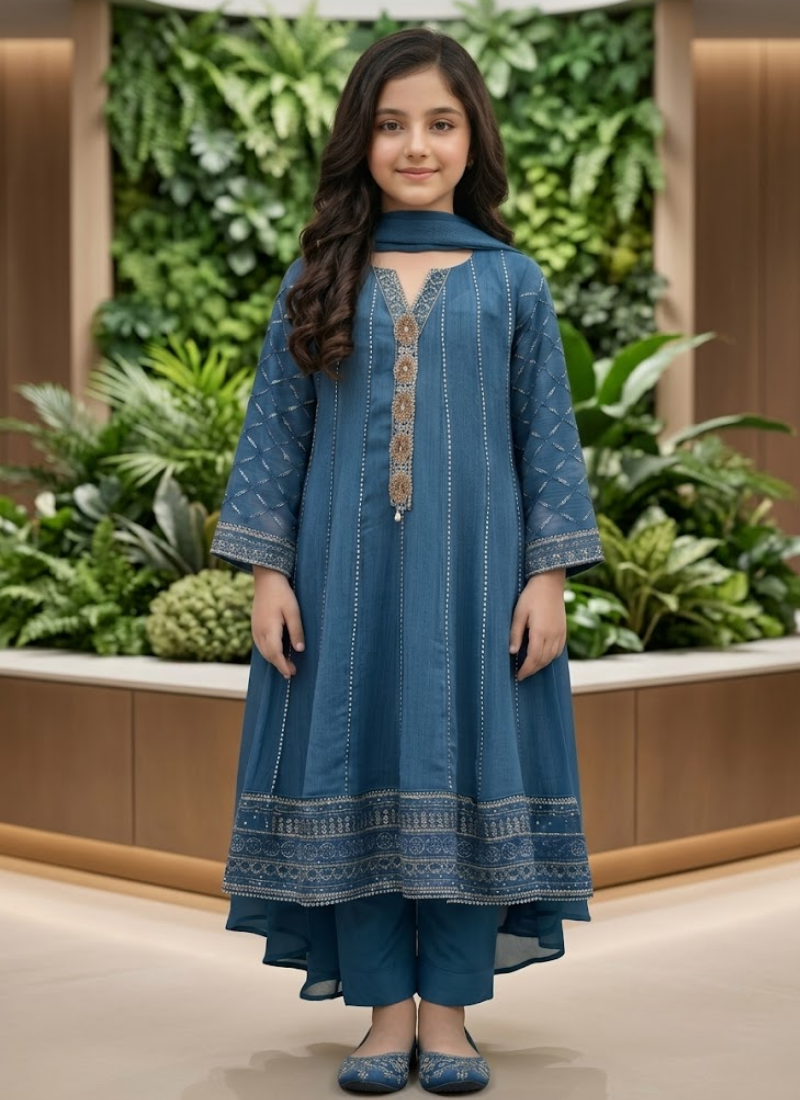 Girl’s Chiffon Frock Set – Embroidery & Stitch Work, Girls party wear collection Australia