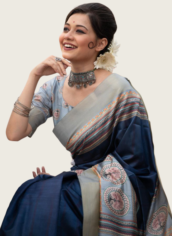 Tussar Print Silk Saree with Zari Border & Warli Pallu + Blouse Piece Australia