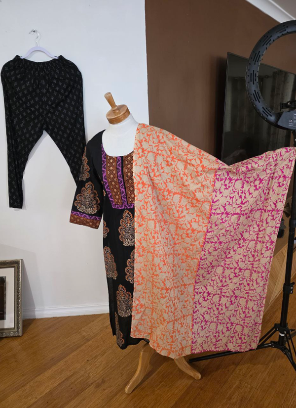 Cotton Block Printed Salwar Suit – Black & Orange