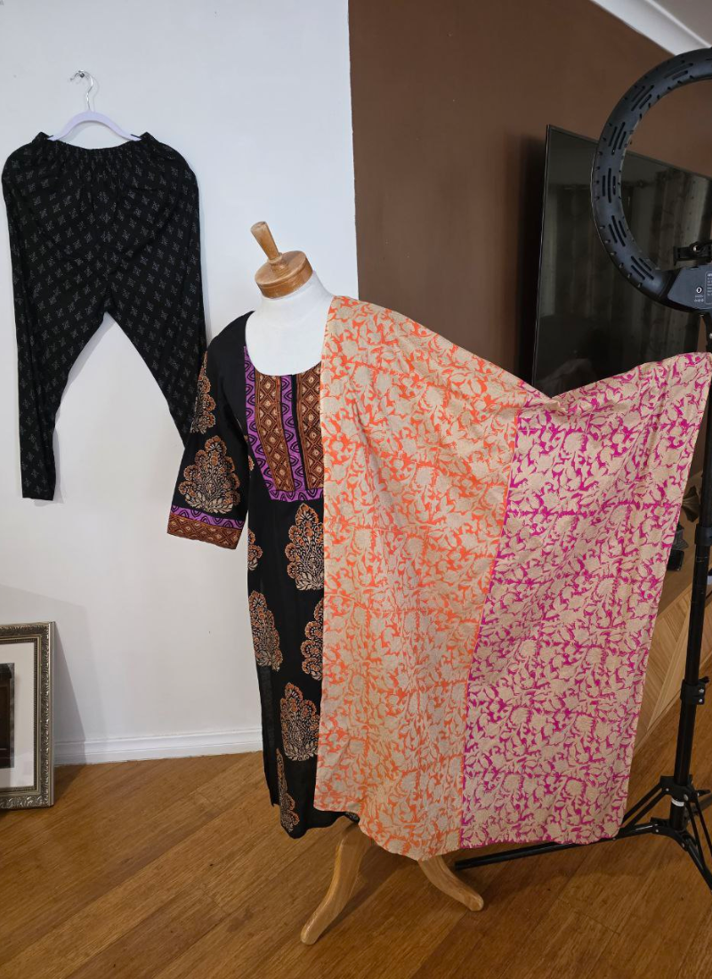 Cotton Block Printed Salwar Suit – Black & Orange