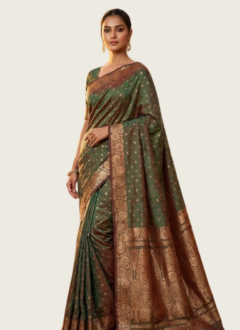 Green Katan Silk Saree with Zari and Blouse Piece
