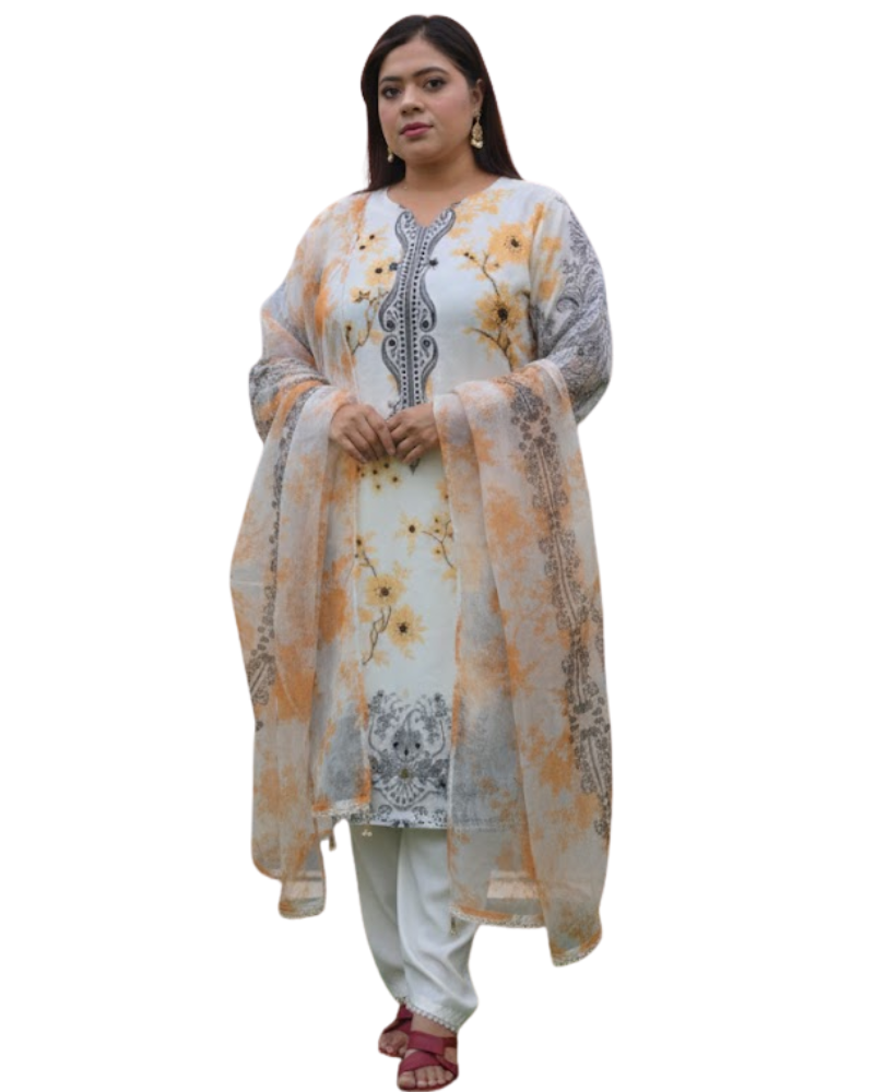 White & Orange Organza Salwar Suit – Floral Print & Pipe Work