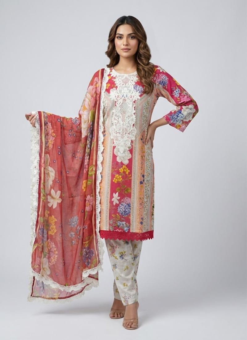 Women’s lawn cotton salwar kameez with chiffon dupatta, embroidered sleeves, and festive detailing.