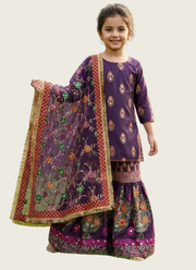 Kids Raw Silk Sharara with Block Print &amp; Mirror Work 8