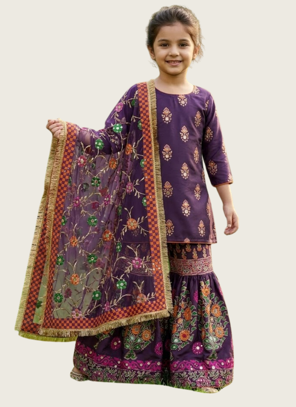 Kids Raw Silk Sharara with Block Print &amp; Mirror Work, affordable Indian dresses Australia