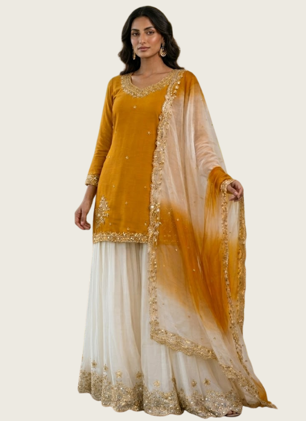 French Crepe Salwar Suit with Organza Dupatta, People searching these are ready to buy.
