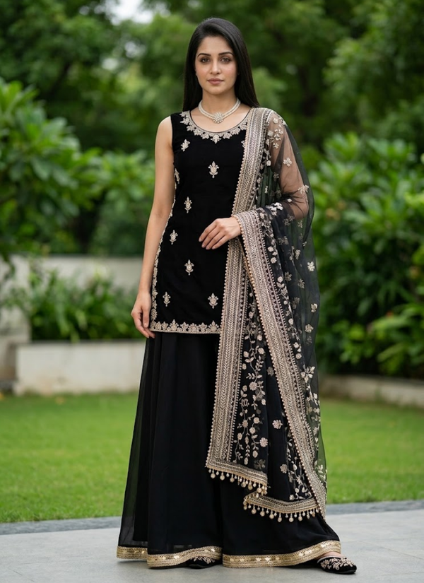 Designer Faux Georgette Palazzo Set – Thread & Sequins Work with Dupatta, Indian Clothing Online Australia